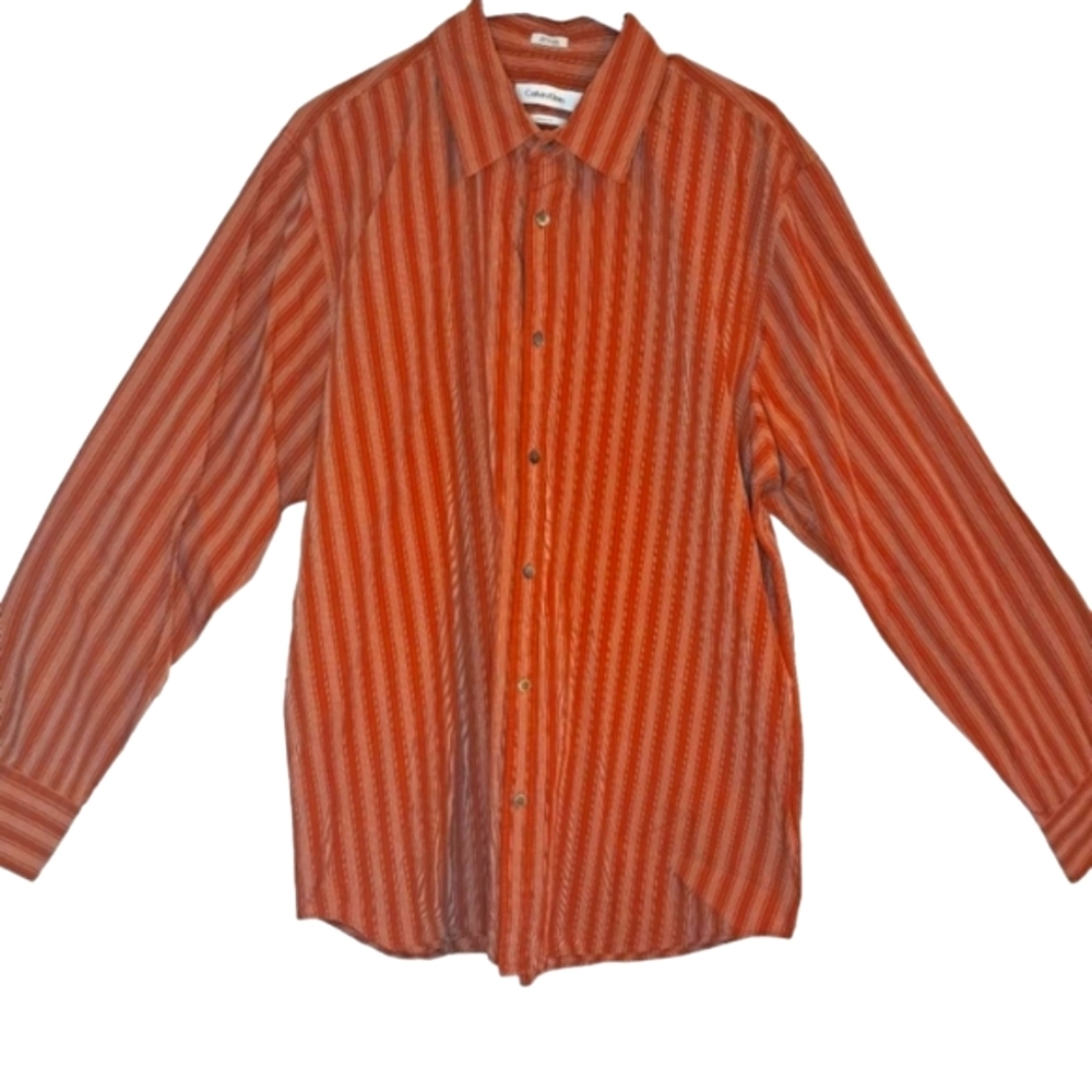 Calvin Klein Orange Classic Fit Striped Button-Up Shirt Size Large